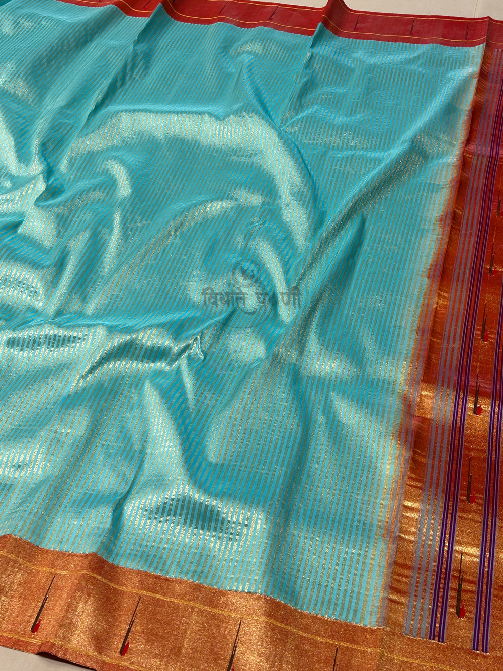 Handloom Pure Silk Single Munia Paithani Saree - Stripes - Aqua