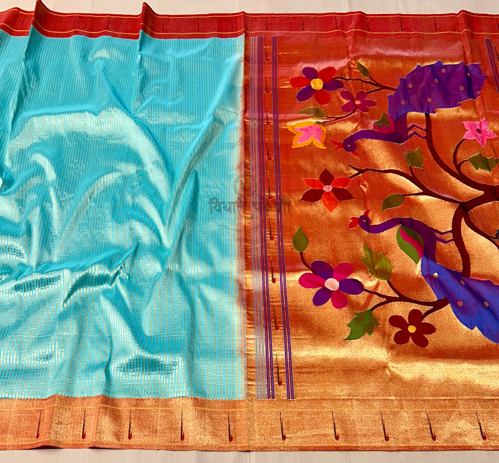 Handloom Pure Silk Single Munia Paithani Saree - Stripes - Aqua
