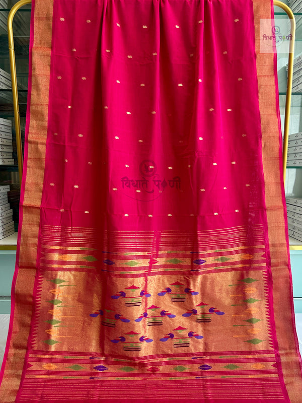 Handloom Pure Cotton Paithani Saree - Double Pallu - RED & PINK MIX
