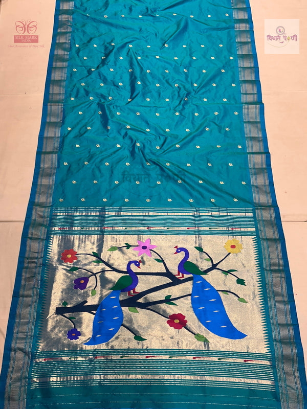 Handloom Pure Silk Chandrakor Butta Paithani Saree - Sea Blue