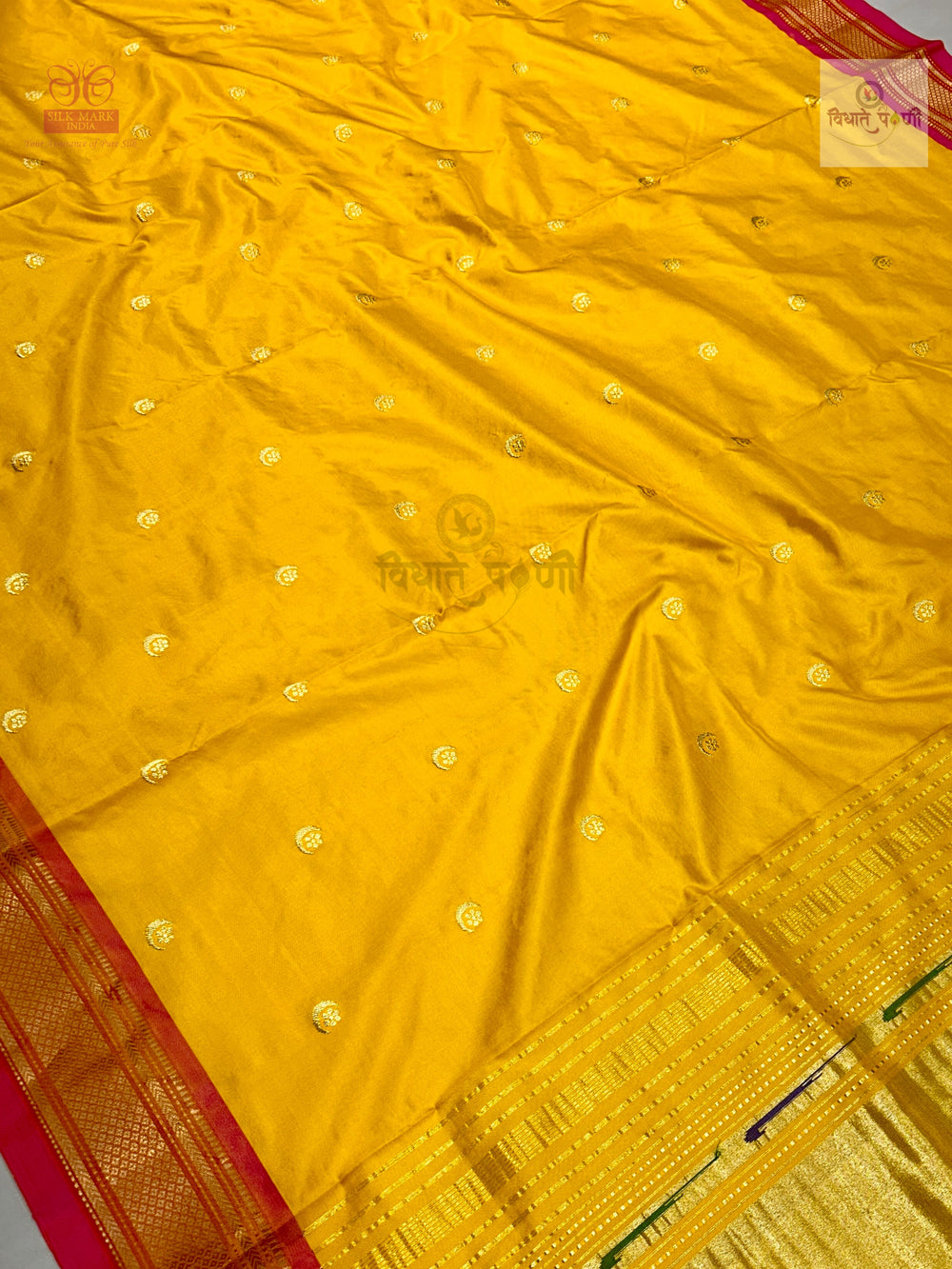 Handloom Pure Silk Chandrakor Butta Paithani Saree - Lemon Yellow