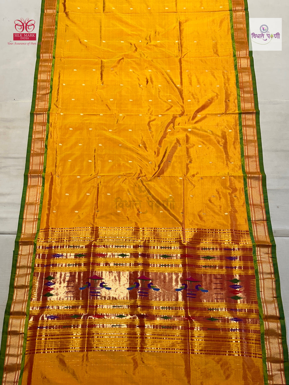 Handloom Pure Silk Single Pallu Paithani Saree- Mango