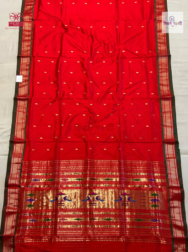 Handloom Pure Silk Single Pallu Paithani Saree- Red