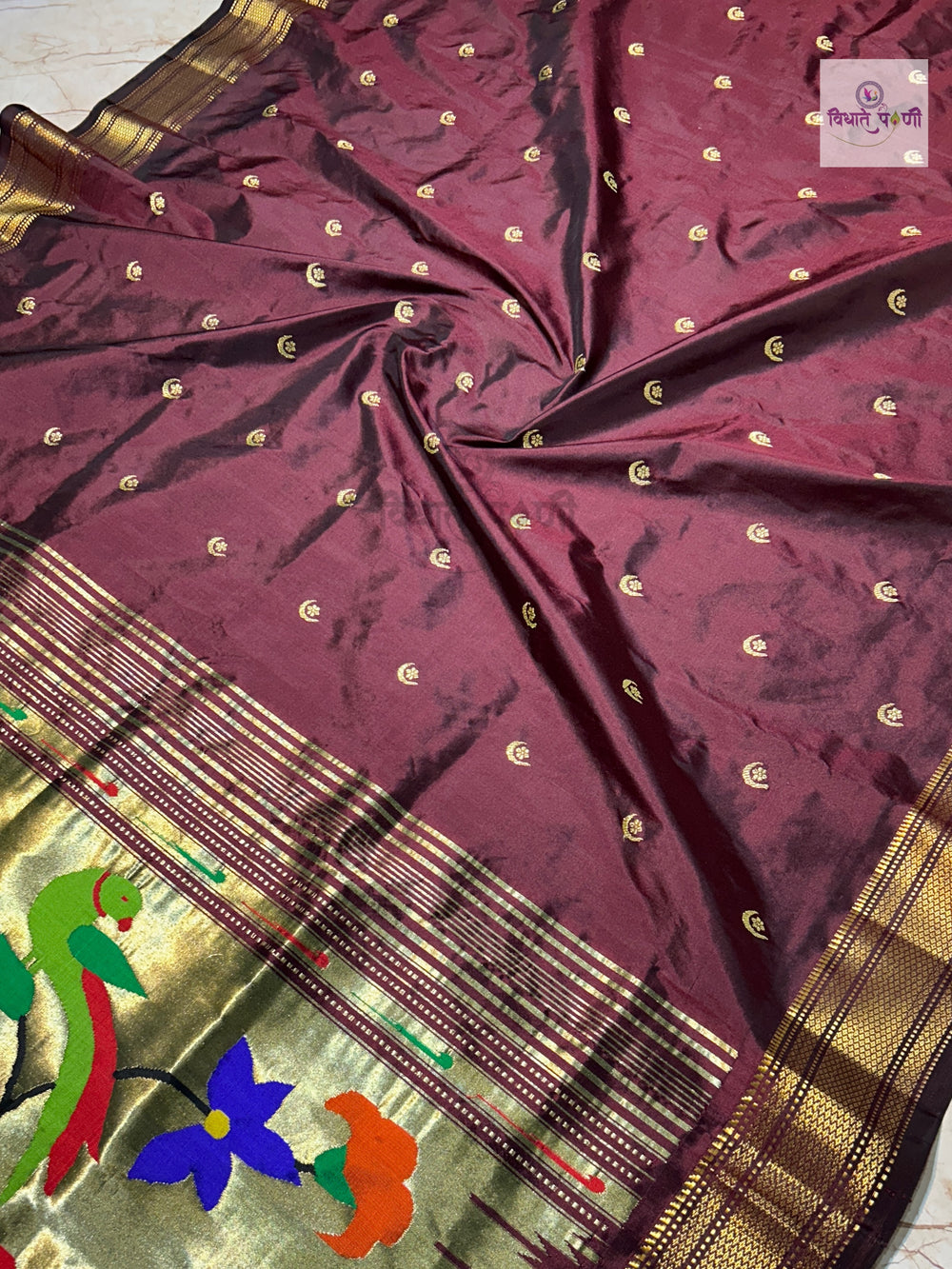 Handloom Pure Silk Chandrakor Butta Paithani Saree - Dark Maroon