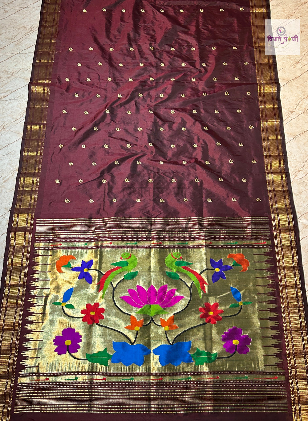 Handloom Pure Silk Chandrakor Butta Paithani Saree - Dark Maroon