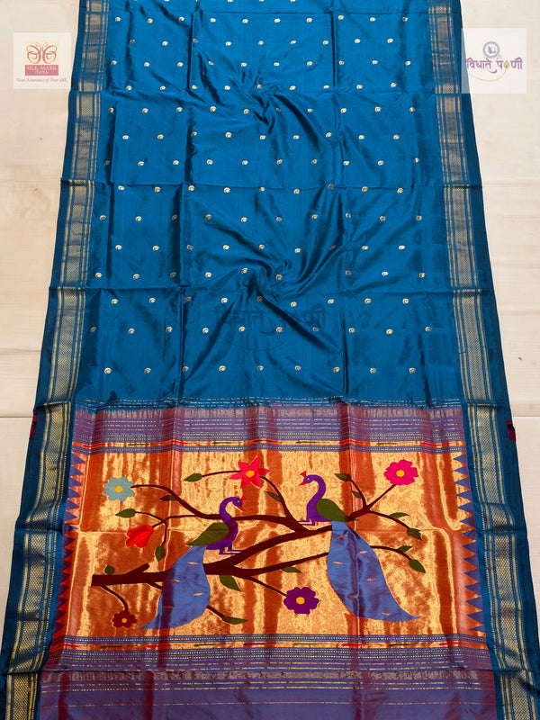 Handloom Pure Silk Chandrakor Butta Paithani Saree - Sulphate Blue