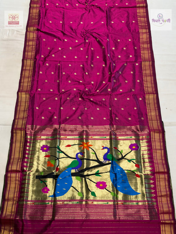 Handloom Pure Silk Chandrakor Butta Paithani Saree - Dark Magenta — full saree — Vidhate Paithani, Yeola