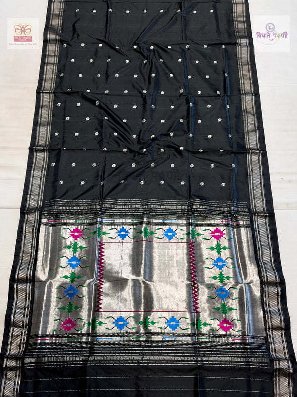 Vintage Handloom Pure Silk Chandrakor Butta Paithani Saree - Black — full saree — Vidhate Paithani, Yeola