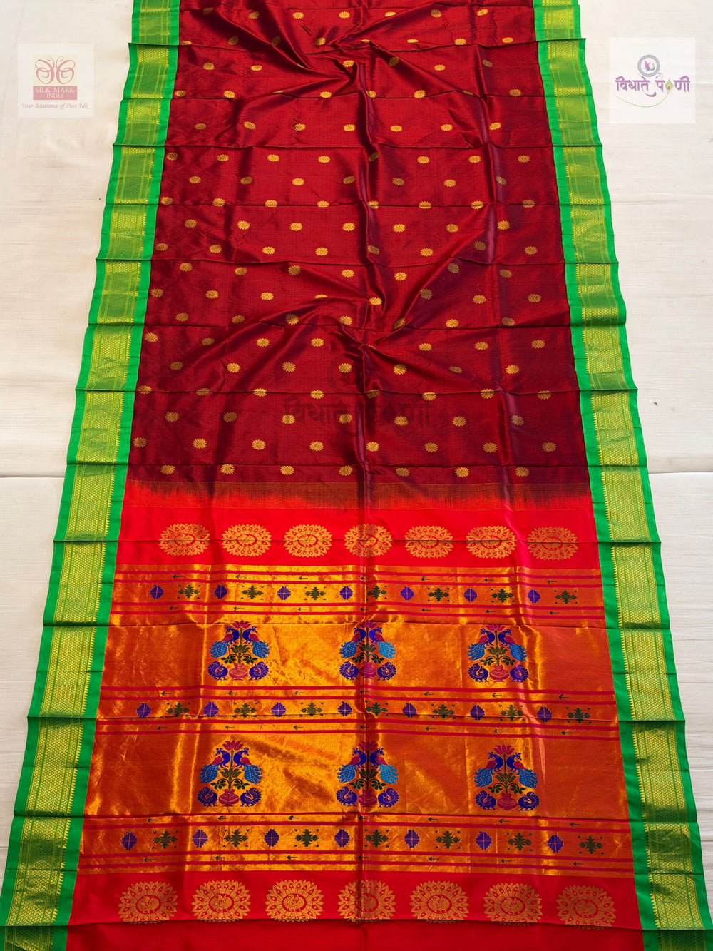 Handloom Pure Silk Maharani Paithani Saree- Maroon — full saree — Vidhate Paithani, Yeola