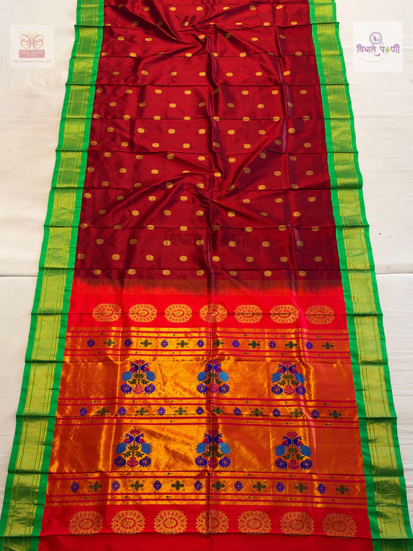 Handloom Pure Silk Maharani Paithani Saree- Maroon — full saree — Vidhate Paithani, Yeola