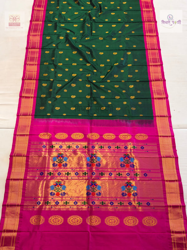 Handloom Pure Silk Maharani Paithani Saree- Bottle Green
