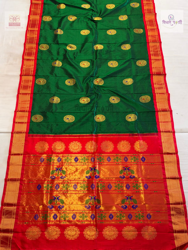 Handloom Pure Silk Maharani Paithani Saree- Big Butties — full saree — Vidhate Paithani, Yeola