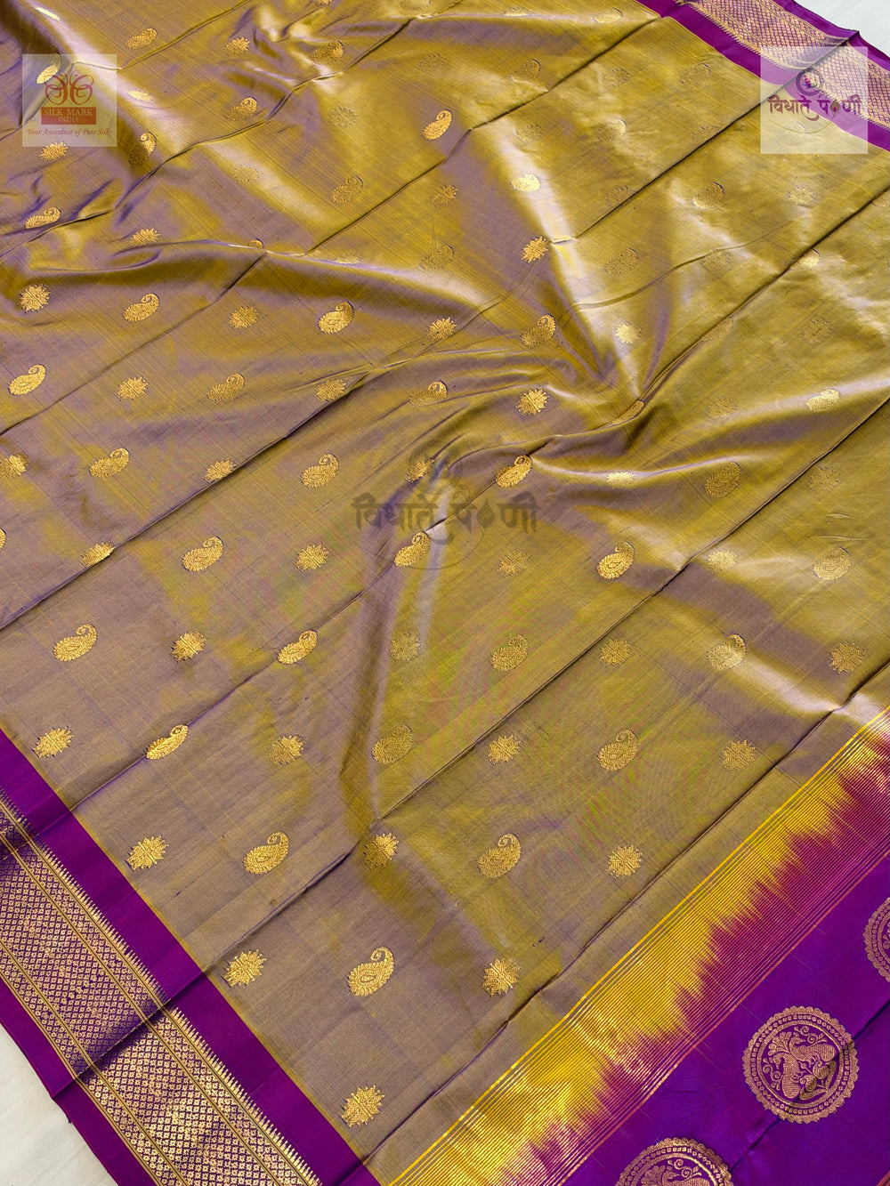 Handloom Pure Silk Maharani Paithani Saree- Two Tone — close-up — Vidhate Paithani, Yeola