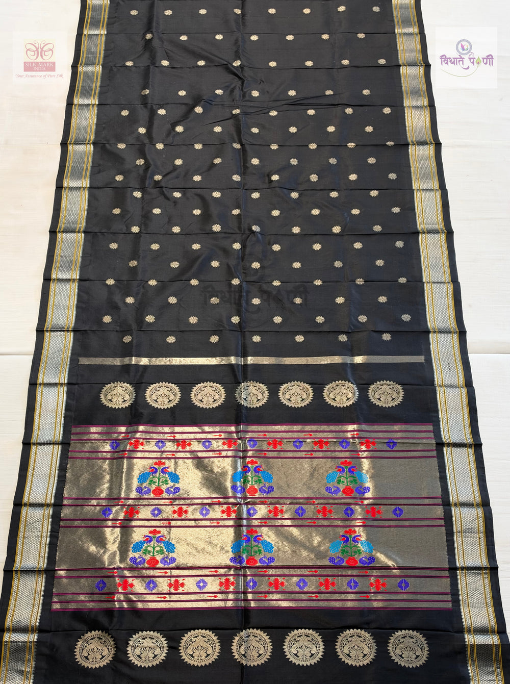 Handloom Pure Silk Maharani Paithani Saree- Black Silver Zari — full saree — Vidhate Paithani, Yeola