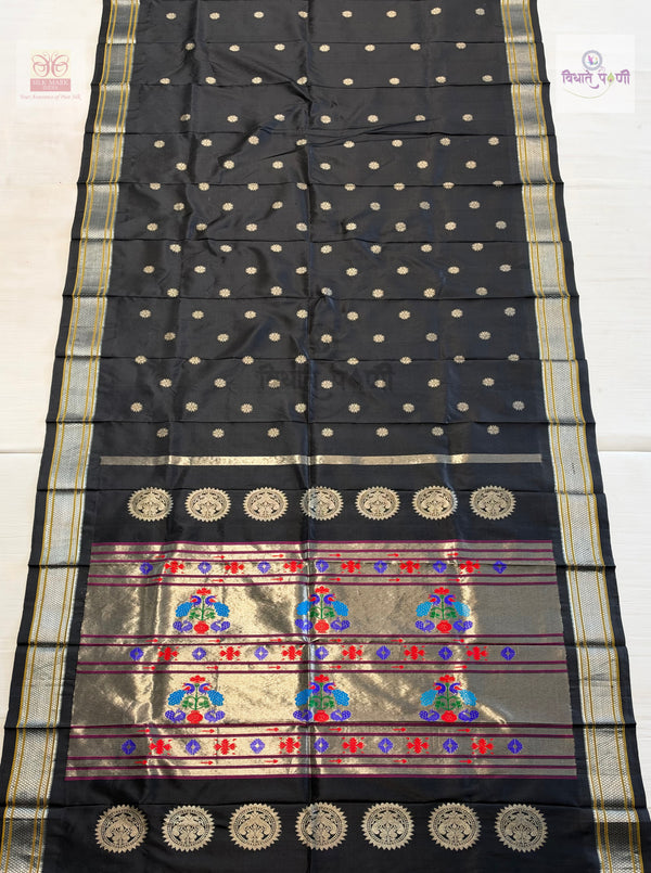 Handloom Pure Silk Maharani Paithani Saree- Black Silver Zari — full saree — Vidhate Paithani, Yeola