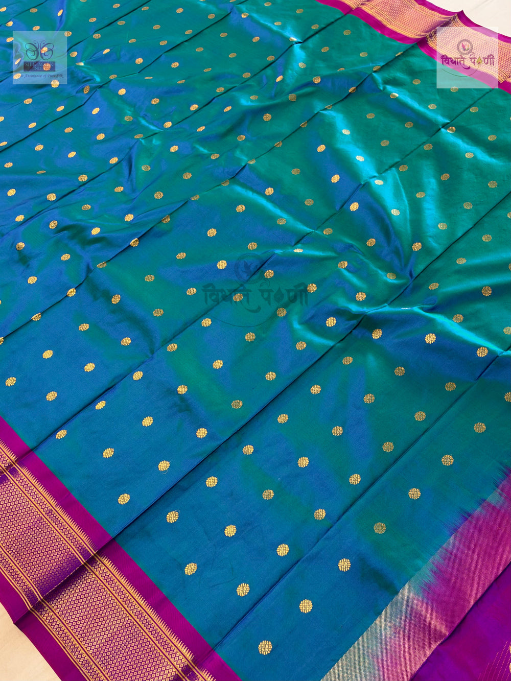 Handloom Pure Silk Kalanjali Paithani Saree- Peacock Blue — close-up — Vidhate Paithani, Yeola