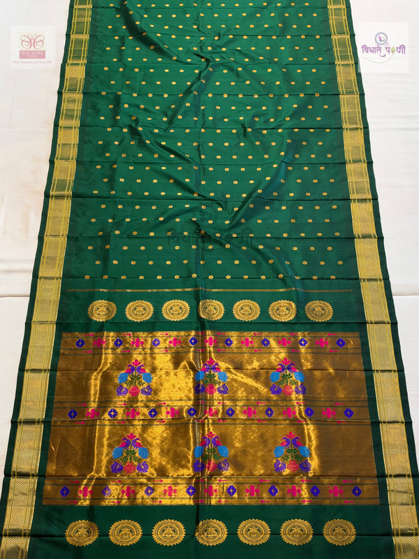 Handloom Pure Silk Kalanjali Paithani Saree- Bottle Green — full saree — Vidhate Paithani, Yeola