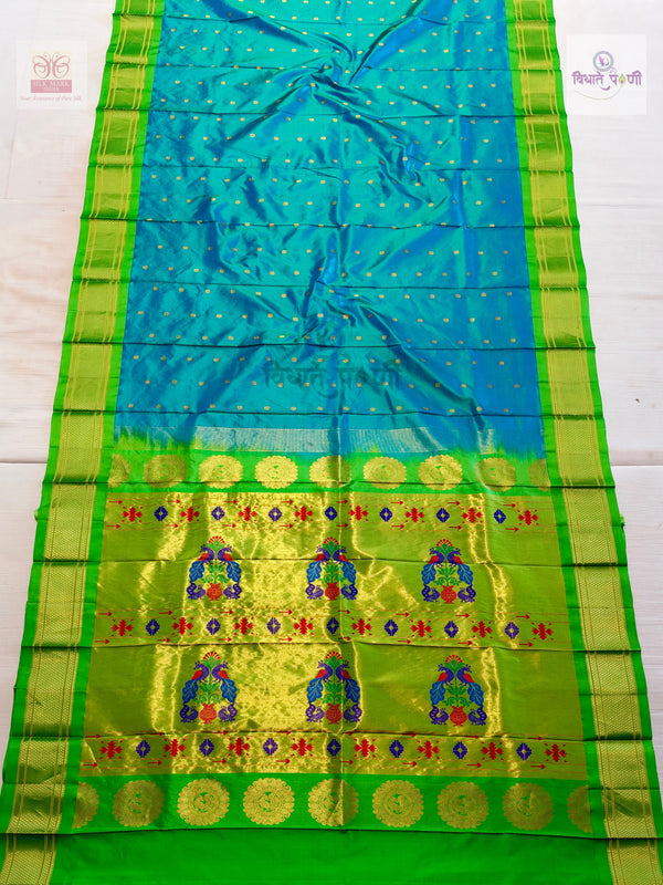 Handloom Pure Silk Kalanjali Paithani Saree- Sea Green — full saree — Vidhate Paithani, Yeola