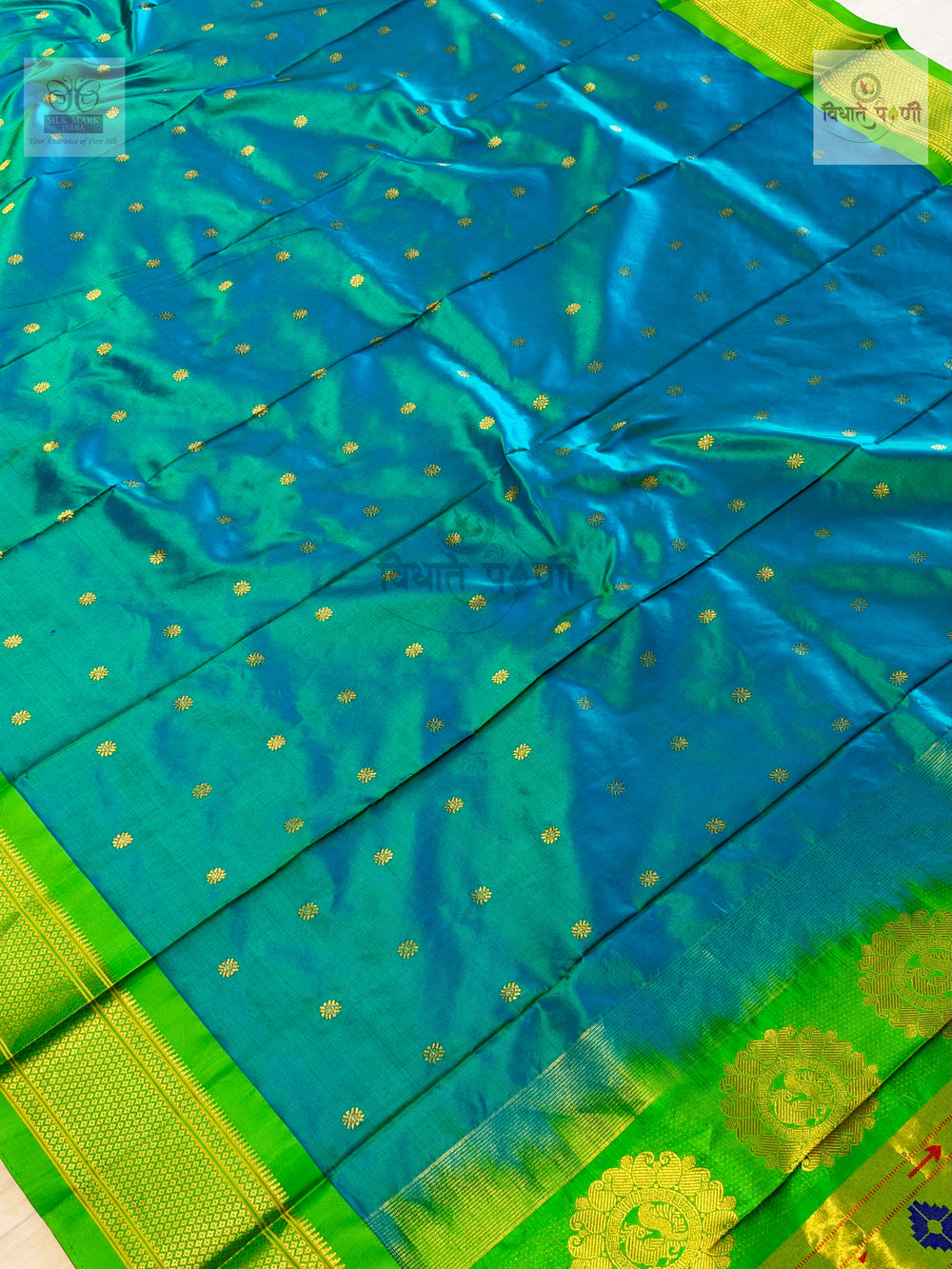 Handloom Pure Silk Kalanjali Paithani Saree- Sea Green — close-up — Vidhate Paithani, Yeola