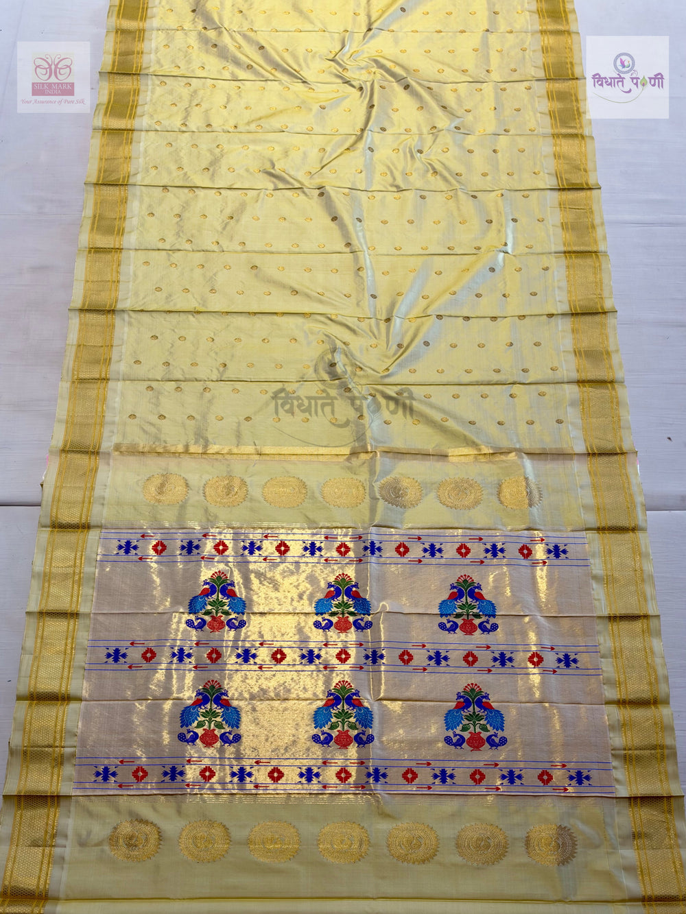 Handloom Pure Silk Kalanjali Paithani Saree- Beige — full saree — Vidhate Paithani, Yeola