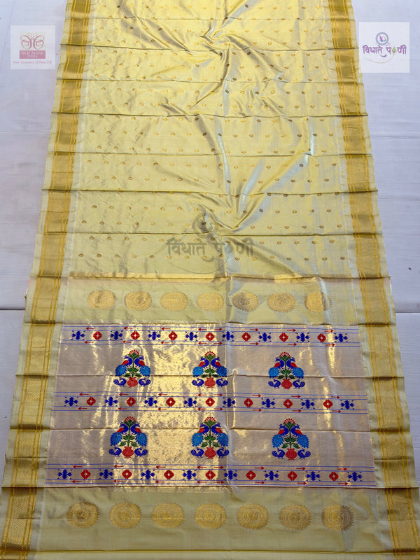 Handloom Pure Silk Kalanjali Paithani Saree- Beige — full saree — Vidhate Paithani, Yeola