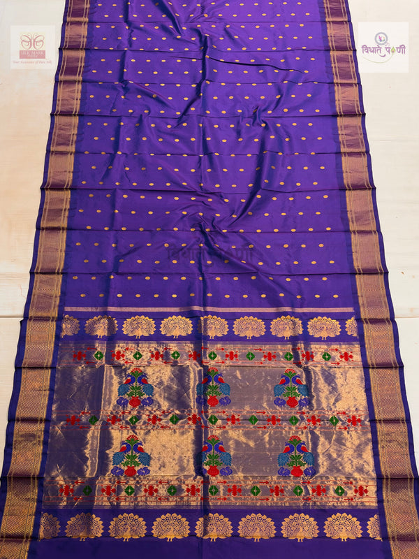 Handloom Pure Silk Kalanjali Paithani Saree- Purple — full saree — Vidhate Paithani, Yeola