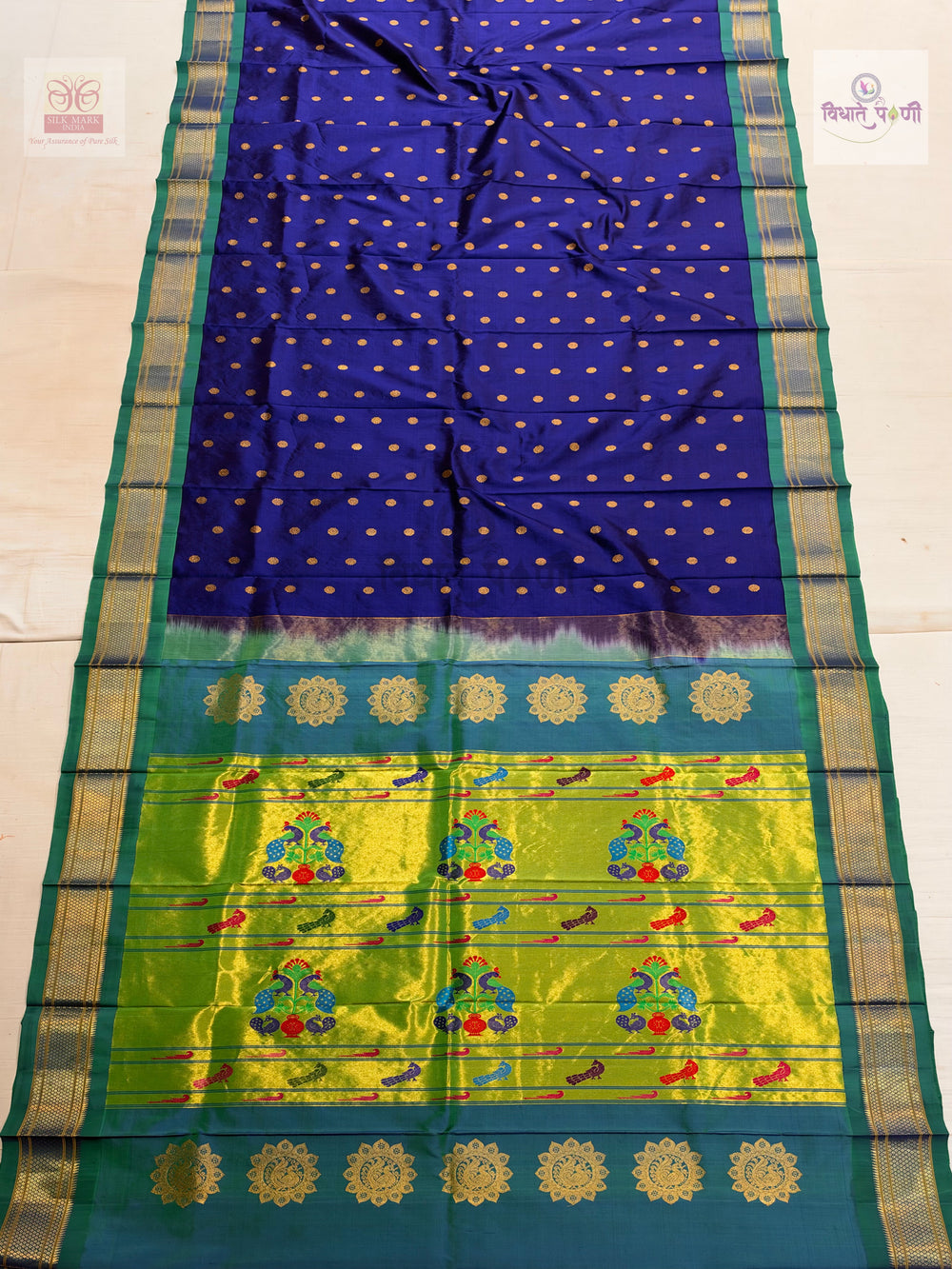 Handloom Pure Silk Kalanjali Paithani Saree- Blue — full saree — Vidhate Paithani, Yeola