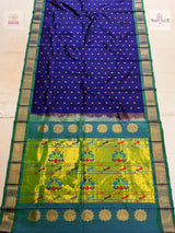 Handloom Pure Silk Kalanjali Paithani Saree- Blue — full saree — Vidhate Paithani, Yeola