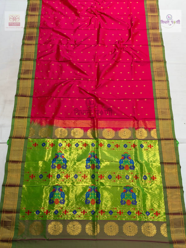 Handloom Pure Silk Kalanjali Paithani Saree- Hot Pink — full saree — Vidhate Paithani, Yeola