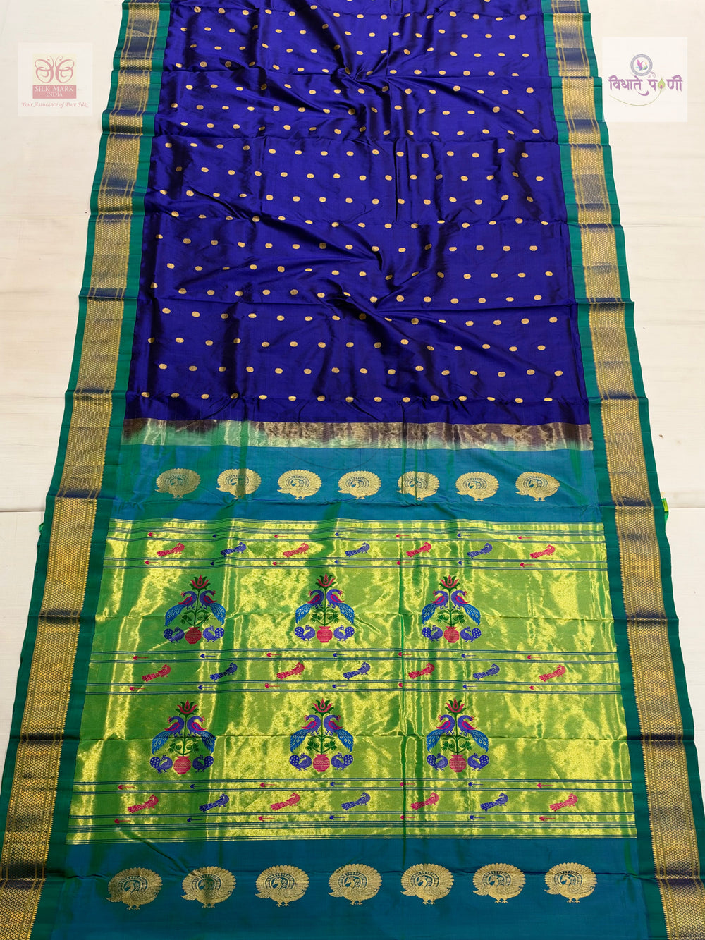 Handloom Pure Silk Kalanjali Paithani Saree- Blue — full saree — Vidhate Paithani, Yeola