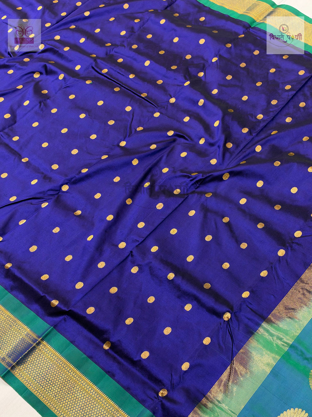 Handloom Pure Silk Kalanjali Paithani Saree- Blue — close-up — Vidhate Paithani, Yeola