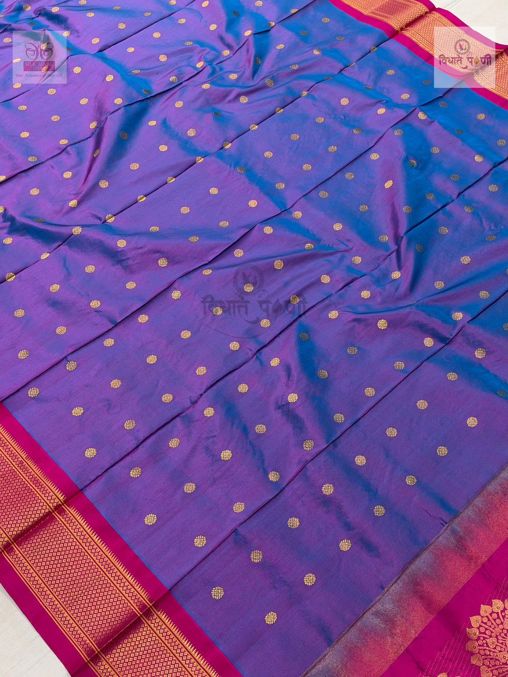 Handloom Pure Silk Kalanjali Paithani Saree- Blue Pink Mix — close-up — Vidhate Paithani, Yeola