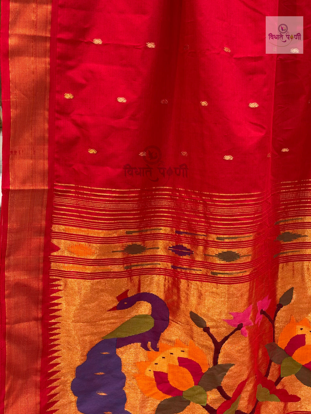 Handloom Pure Cotton Paithani Saree- Lotus Peacock — close-up — Vidhate Paithani, Yeola