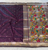 Munia Soft Silk Paithani Saree- Dark Brinjal — full saree — Vidhate Paithani