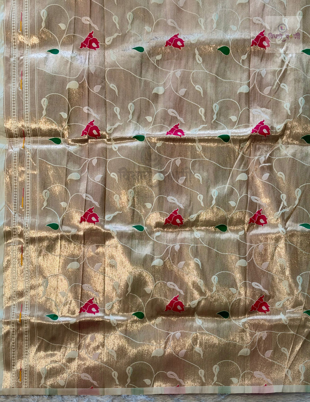 Munia Soft Silk Paithani Saree- Off White — pallu and border detail — Vidhate Paithani