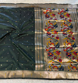 Munia Soft Silk Paithani Saree- Bottle Green — full saree — Vidhate Paithani