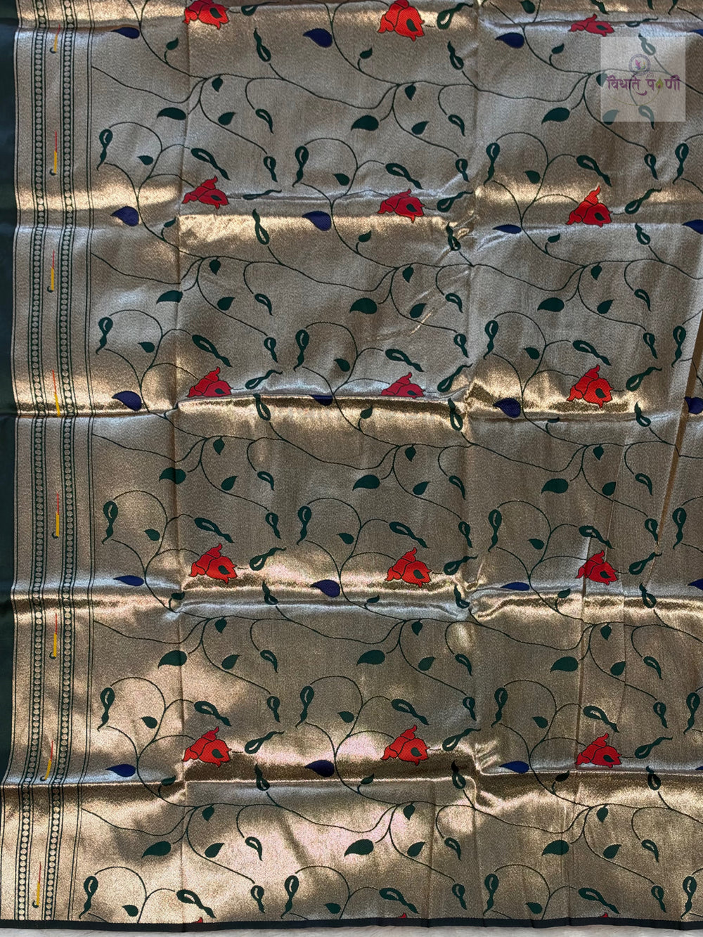 Munia Soft Silk Paithani Saree- Bottle Green — pallu and border detail — Vidhate Paithani