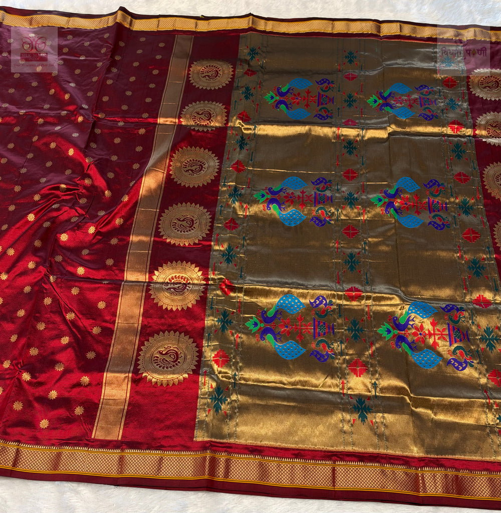 Powerloom Pure Silk Kalanjali Paithani Saree - Reddish Maroon — full saree — Vidhate Paithani