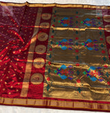 Powerloom Pure Silk Kalanjali Paithani Saree - Reddish Maroon — full saree — Vidhate Paithani