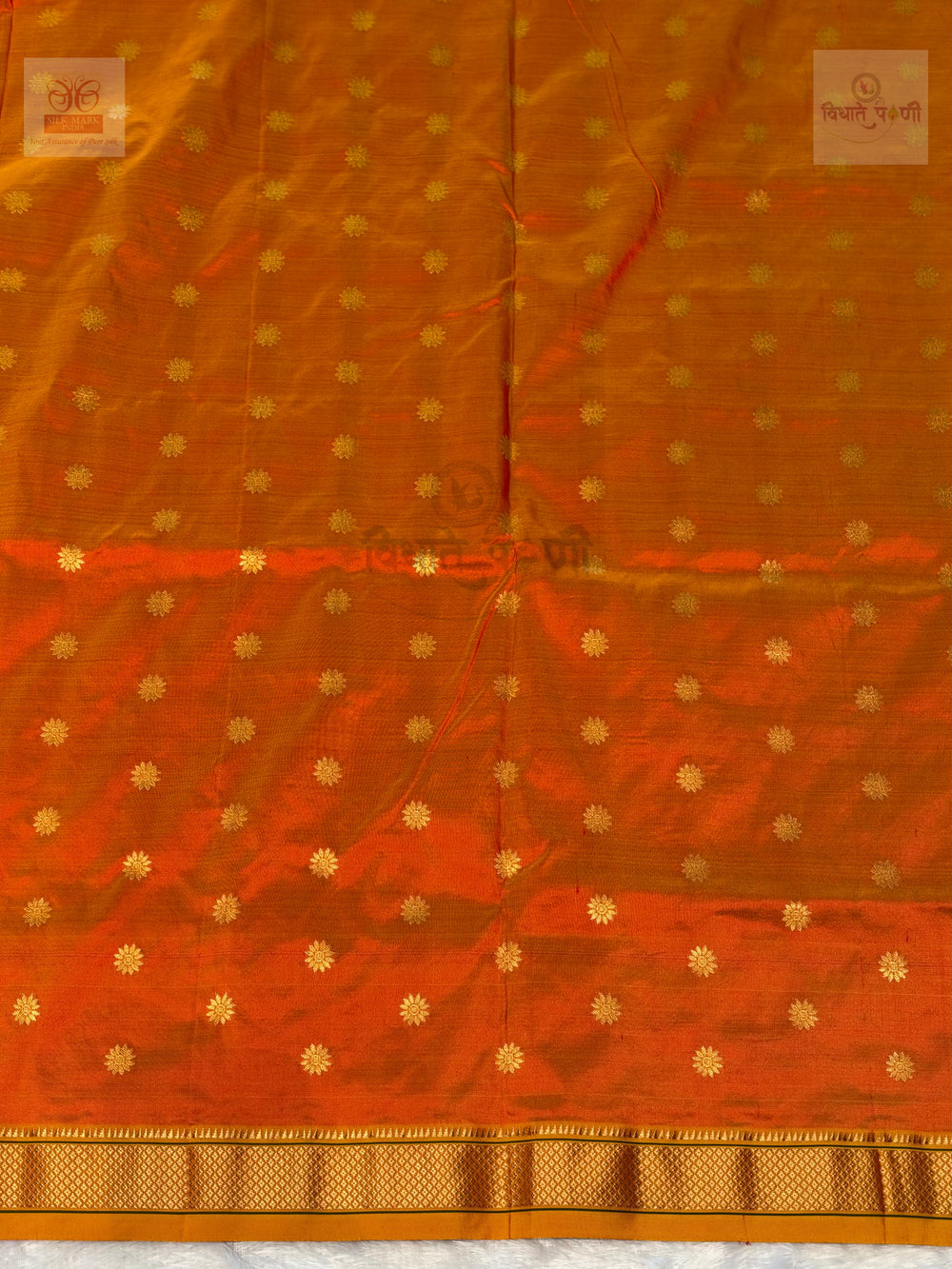 Powerloom Pure Silk Kalanjali Paithani Saree - Orange Yellow Mix — close-up — Vidhate Paithani