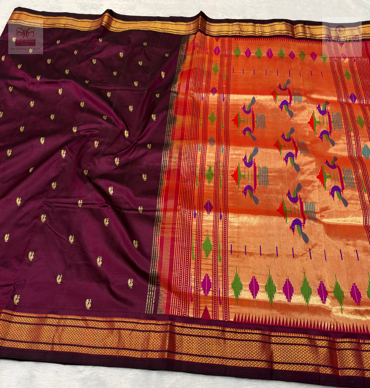 Handloom Pure Silk Double Pallu Paithani Saree – Wine — full saree draped and laid flat — Vidhate Paithani, Yeola