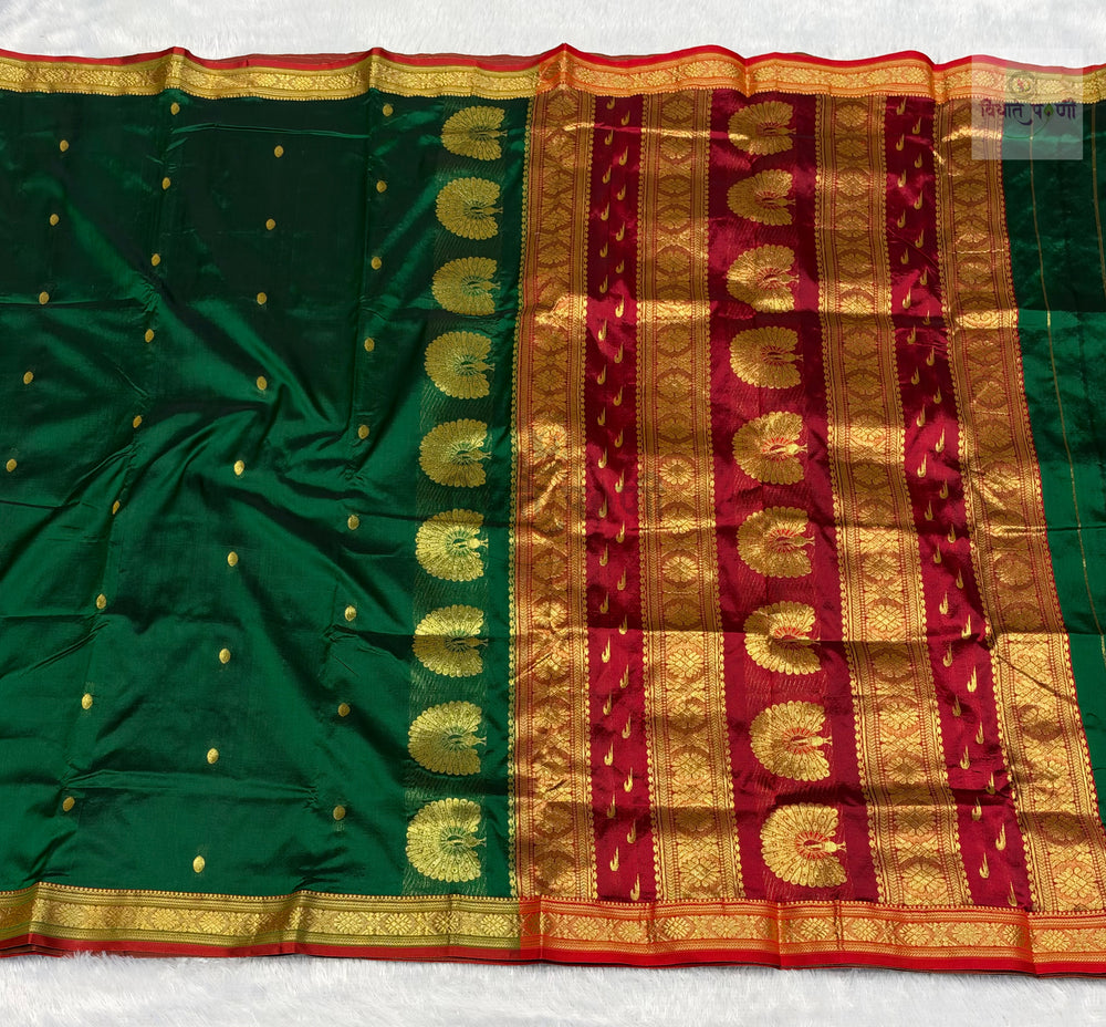 Jijamata Single Ply Pure Silk Saree – Bottle Green — full saree draped and laid flat — Vidhate Paithani, Yeola