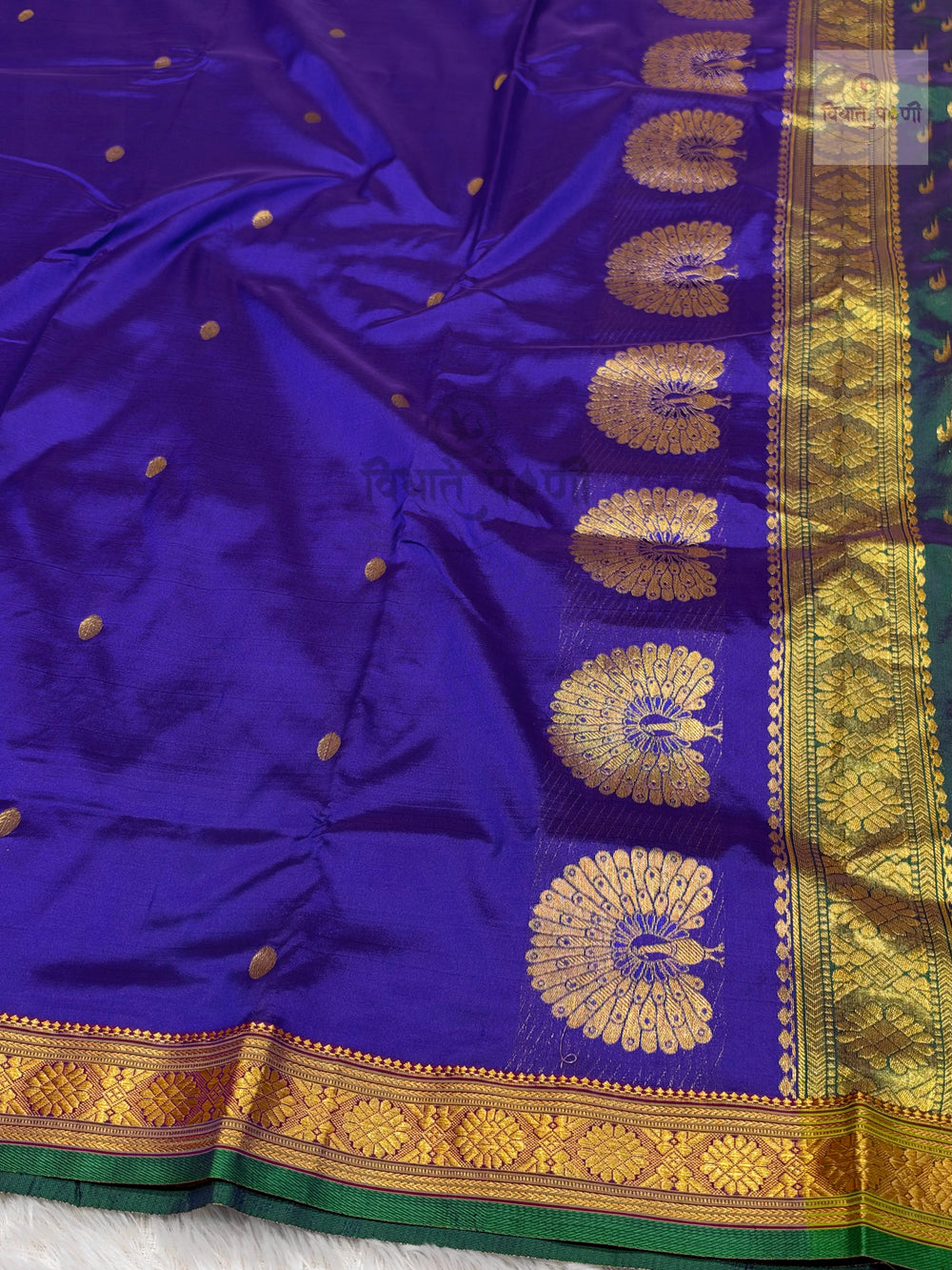 Jijamata Single Ply Pure Silk Saree – Bluish Purple — pallu detail — Vidhate Paithani, Yeola