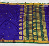Jijamata Single Ply Pure Silk Saree – Bluish Purple — full saree draped and laid flat — Vidhate Paithani, Yeola