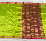 Jijamata Single Ply Pure Silk Saree – Parrot Green — full saree draped and laid flat — Vidhate Paithani, Yeola