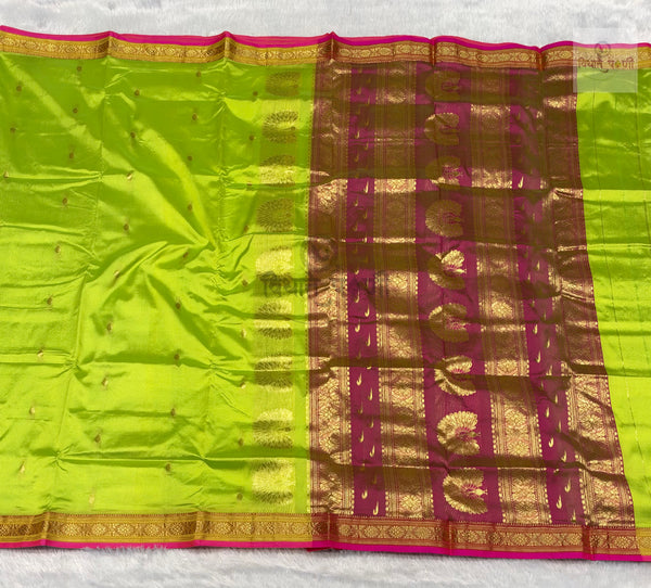 Jijamata Single Ply Pure Silk Saree – Parrot Green — full saree draped and laid flat — Vidhate Paithani, Yeola