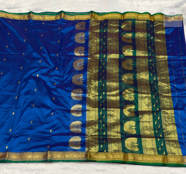 Jijamata Single Ply Pure Silk Saree – Peacock Blue — full saree draped and laid flat — Vidhate Paithani, Yeola