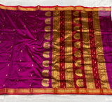 Jijamata Single Ply Pure Silk Saree – Magenta — full saree draped and laid flat — Vidhate Paithani, Yeola