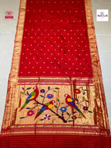 Red Handloom Pure Silk Single Munia Paithani Saree — full saree draped and laid flat — Vidhate Paithani, Yeola