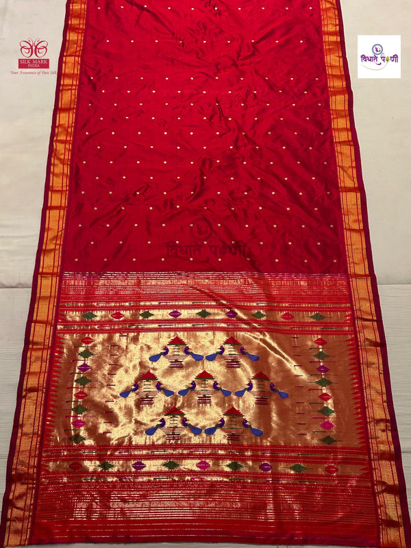 Handloom Pure Silk Double Pallu Paithani Saree - Sindoor Red